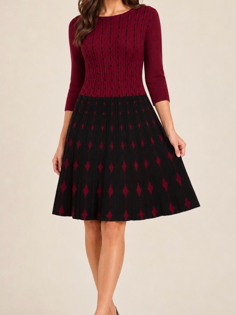 Nina Leonard Burgundy Black Diamond Knit Sweater Dress Large